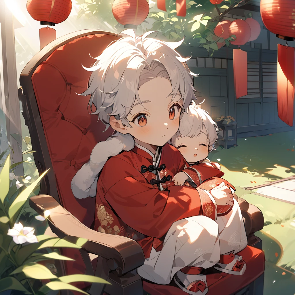 A handsome young man with a good face and a gentle face, wearing a white ancient Chinese costume, sitting on a chair, hugging his little sister, who is 1 year old, in a red Chinese New Year costume. In the morning, there is sunlight shining in the front yard garden.