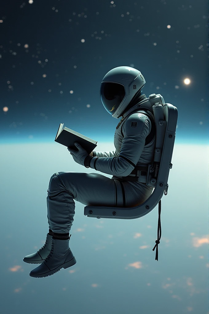 Wearing a space suit in the air, sitting on a backless chair and reading a book