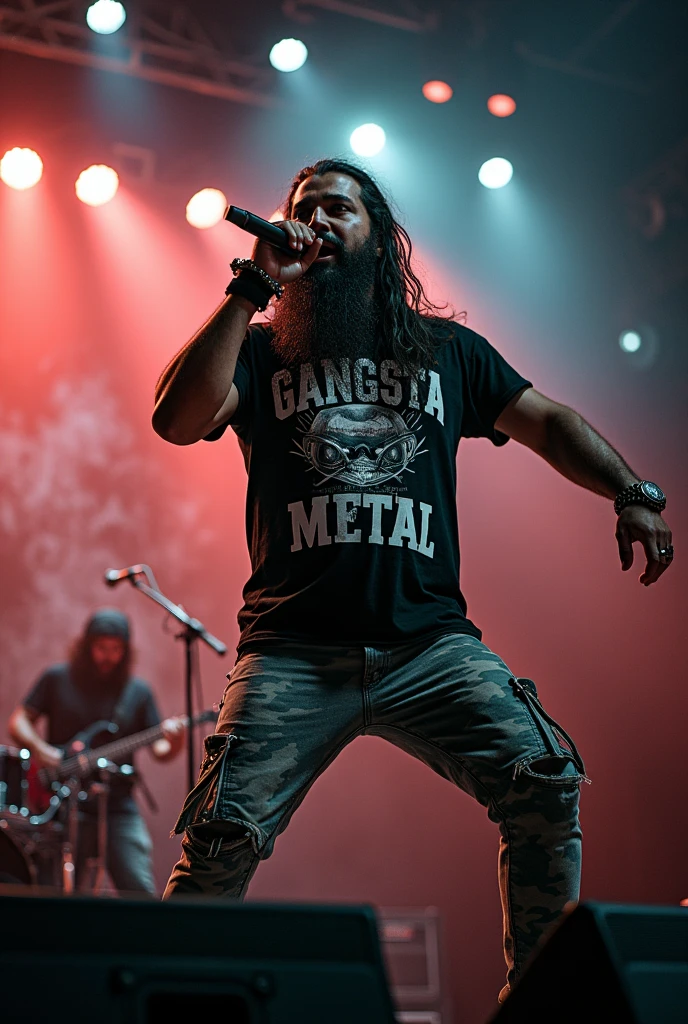 A native moro men with a long hair and beard with a shirt logo GANGSTA METALwith a camouflage jeans holding a microphone singing in a stage