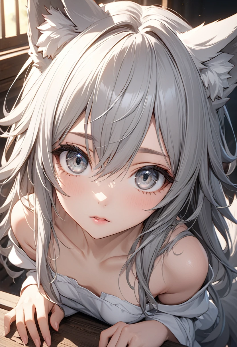 Longhair, (Gray eyes:1.5),  animal ears, tail, Silver hair,   Wolf ears, Wolf Tail,  (small breast:1.2), BREAK looking at viewer, BREAK outside, BREAK (masterpiece:1.2), best quality, high resolution, unity 8k wallpaper, (illustration:0.8), (beautiful detailed eyes:1.6), extremely detailed face, perfect lighting, extremely detailed CG, (perfect hands, perfect anatomy),