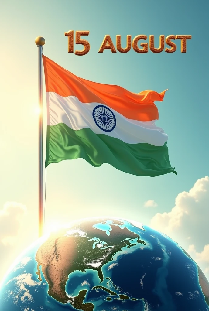 Here’s the description for the 3D image:
Create a 3D image with a large, vibrant Indian flag (Tiranga) fluttering proudly against a bright sky. Above the flag, in bold, metallic English letters, the text "15 August" is written. The text should appear as if it's floating above the Earth, with the Earth visible below, giving a sense of height and grandeur. The overall scene should be majestic, symbolizing India's Independence Day with a futuristic, uplifting feel.
I'll generate the image for you now.
It seems like I can’t generate any more images right now. Please try again later. If there's anything else you'd like help with, feel free to ask!