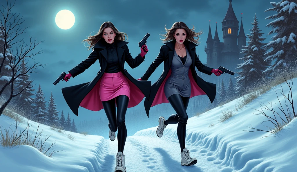 Two womens, yuri, Vampire Hunters

The first woman wear a black long coat, pink suit, black shirt, pink pencil skirt, black underpants, black gloves, black socks, white sneakers high top.

The second woman wear a black long coat, grey suit, black shirt, grey pencil skirt, black underpants, black gloves, black socks, white sneakers high top.

holding a handguns, running on the snow, vampire castle, fantastic night sky, moon, cartoon novel, 4K, HD