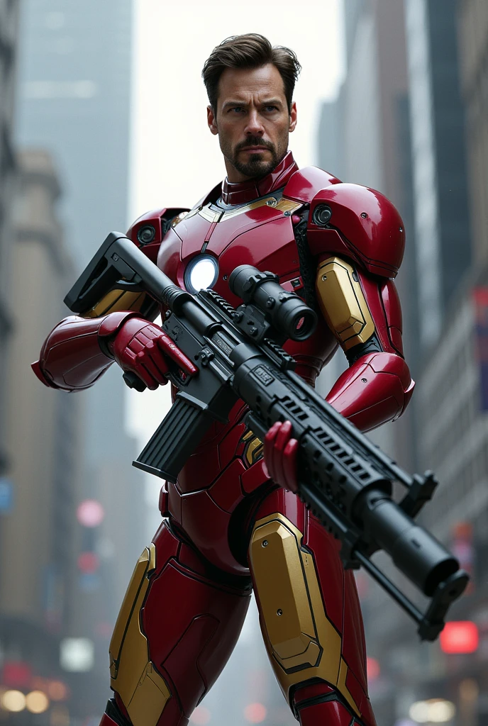 IRONMAN holding a big high tech gun