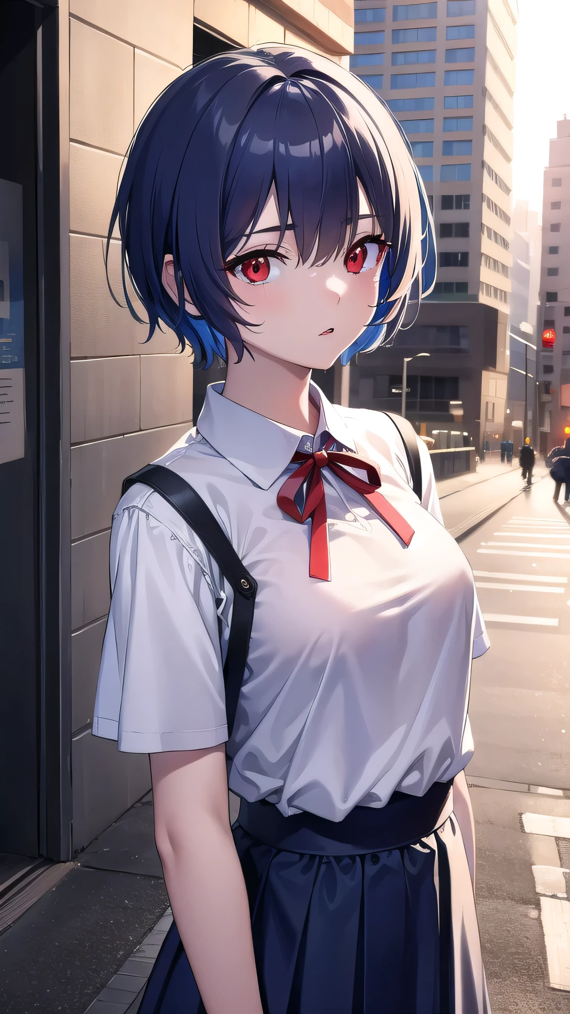 BREAK looking at viewer, BREAK (masterpiece:1.2), best quality, high resolution, unity 8k wallpaper, (illustration:0.8), (beautiful detailed eyes:1.6), extremely detailed face, perfect lighting, extremely detailed CG, (perfect hands, perfect anatomy),city,street,buildings,wet road,soft light,night,rei ayanami, blue hair, short hair, (red eyes:1.5),
blue dress, dress, neck ribbon, pinafore dress, red ribbon, ribbon, school uniform, short sleeves, short-sleeved sweater, sweater,upper body,wet uniform,nipples see through.