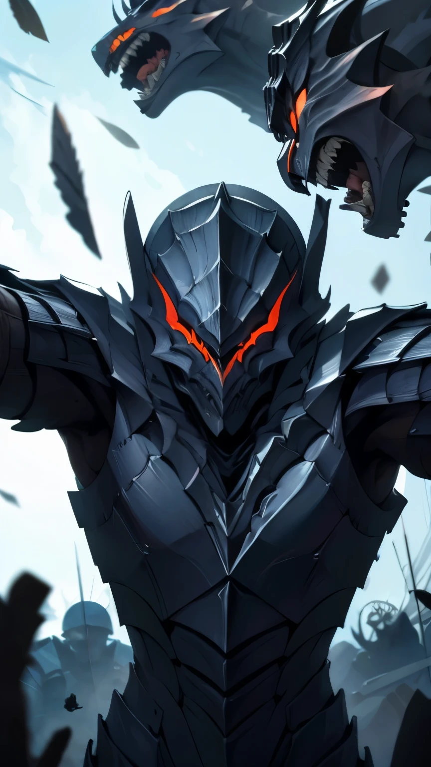 Close one eye、guts \(berserk\)、One person、solo、Model standing、Upper Body、Ferocious look、Black armor、forest、masterpiece、Highest quality、最高masterpiece。