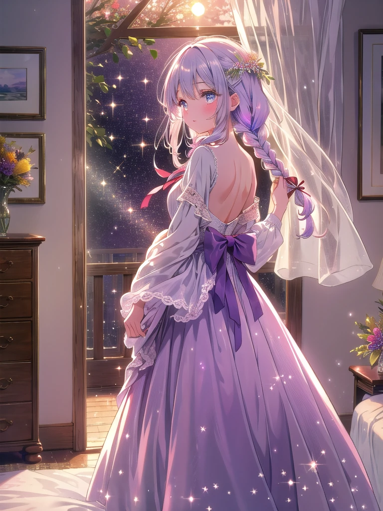 ((8k, Highest quality, masterpiece: 1.3)),Ultra-high resolution,(1 girl, alone), (Color changing eyes, Ultra-detailed, Expressive brilliance, Glitter, Glowing Eyes), Highly detailed eyes, Highly detailed face, Random Hair, ((pastel colour)),A modest young woman with pastel lavender hair styled into twin braids, standing in front of her mirror in her softly lit bedroom during the late afternoon. She is dressed in a simple yet enticing vintage-inspired nightgown, made of soft, flowing fabric that hints at her figure without revealing too much. The camera captures her from a back angle as she ties a ribbon at the back of the nightgown, her expression gentle and serene. The room is warmly lit by the setting sun, with a vintage vanity, a few scented candles, and a small bouquet of wildflowers adding to the cozy and romantic atmosphere.

