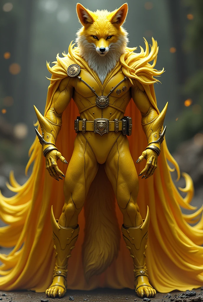 Make a dark yellow fox power ranger with 45 tails and four clawed legs wearing a police helmet cape