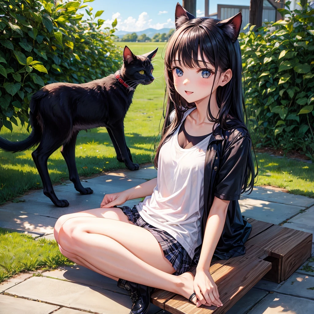 (full hd 4k), Anime girl from the anime "Show by rock" Blue, green eyes, black hair, black cat ears, sexy dress, jealous, red cheeks, ((cat ears lowered)), pouting lips, anime character with cat ears, cute anime cat girl, anime cat girl, anime cute cat visual image, anime catgirl in maid costume, pin on anime, anime cat, very beautiful anime cat girl, beautiful anime cat girl, Anime visual image of a cute girl