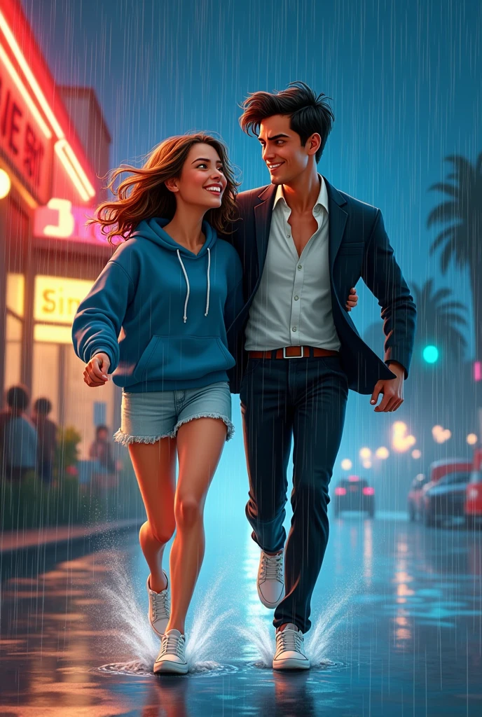An art for a book cover, One with fair skin, medium length brown hair, light wash denim skirt, blue sweatshirt and white sneakers, and a man wearing formal clothes (Suit) black haired and fair skinned, they are leaving a diner, It's raining and they are running and smiling. Ele está cobrindo ela com a parte de cima de seu Suit, so she doesn't get wet. Both are North American. It's raining heavily and they are running. It's night and they're laughing. Remember it's an animation. She is wearing a skirt, he is covering her. enlarge this image. I want an image with more details of the scene. They are more hugging each other. Ele está de Suit