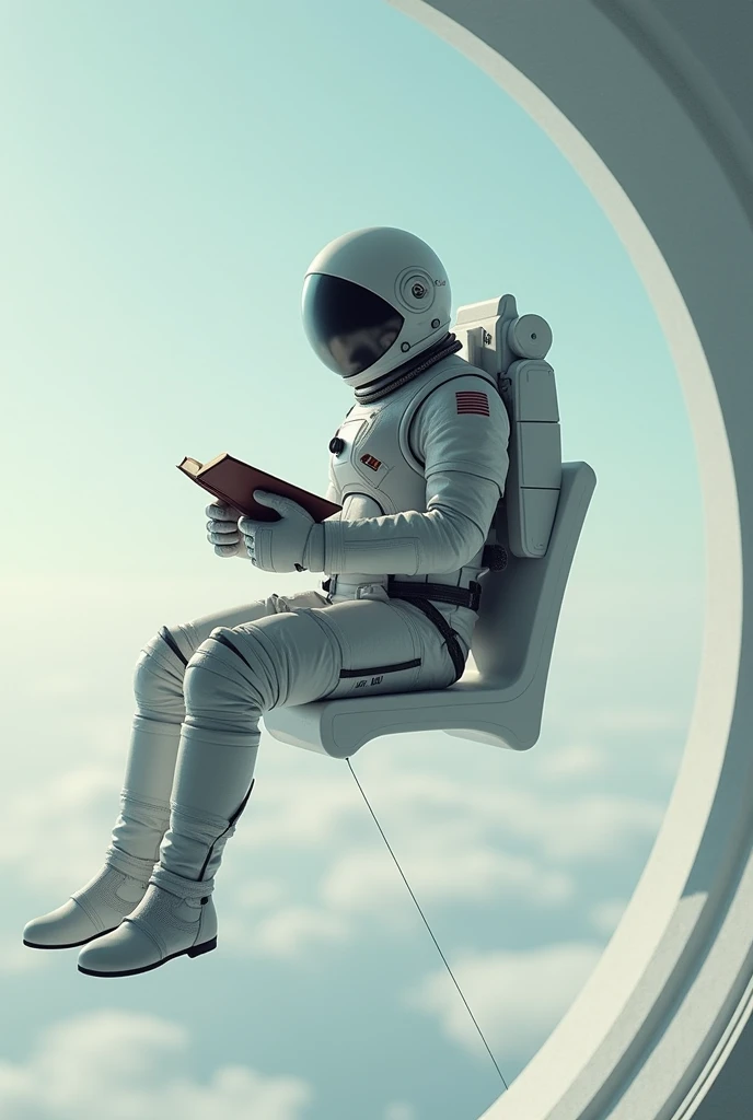 Wearing a space suit in the air, sitting on a backless chair and reading a book