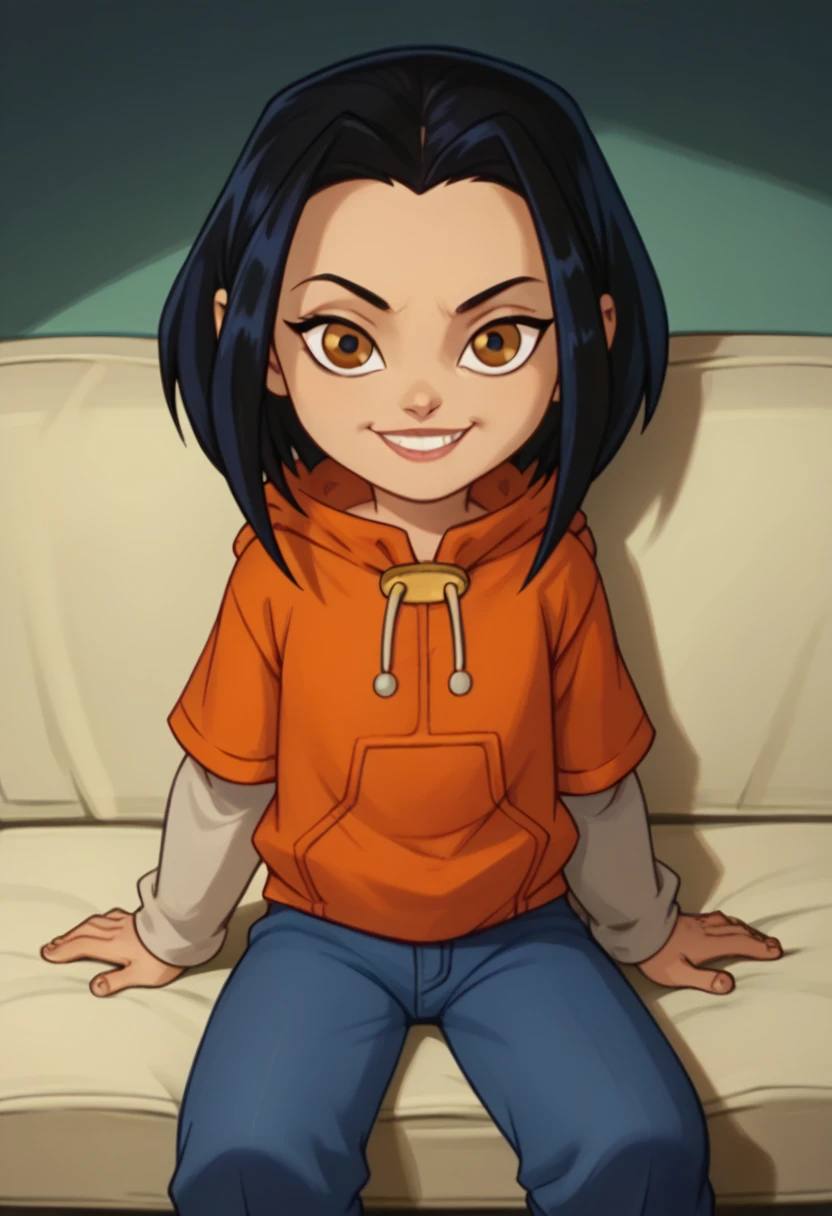 jadechan, 1girl, flat chest , black hair, brown eyes, solo, short hair, long sleeves, orange hoodie, hood, smile, pants, looking at viewer, sitting on sofa,