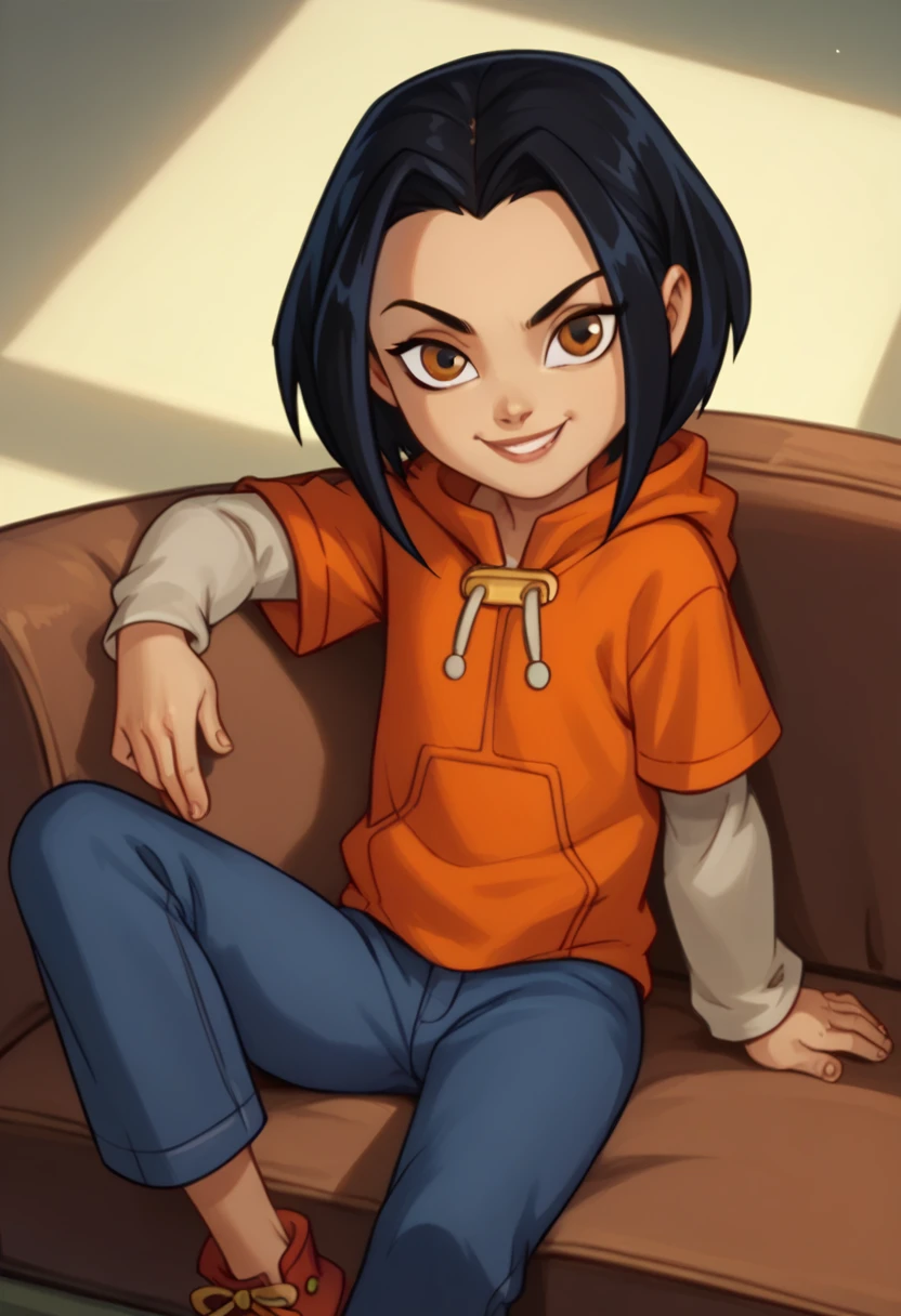 jadechan, 1girl, flat chest , black hair, brown eyes, solo, short hair, long sleeves, orange hoodie, hood, smile, pants, looking at viewer, sitting on sofa,