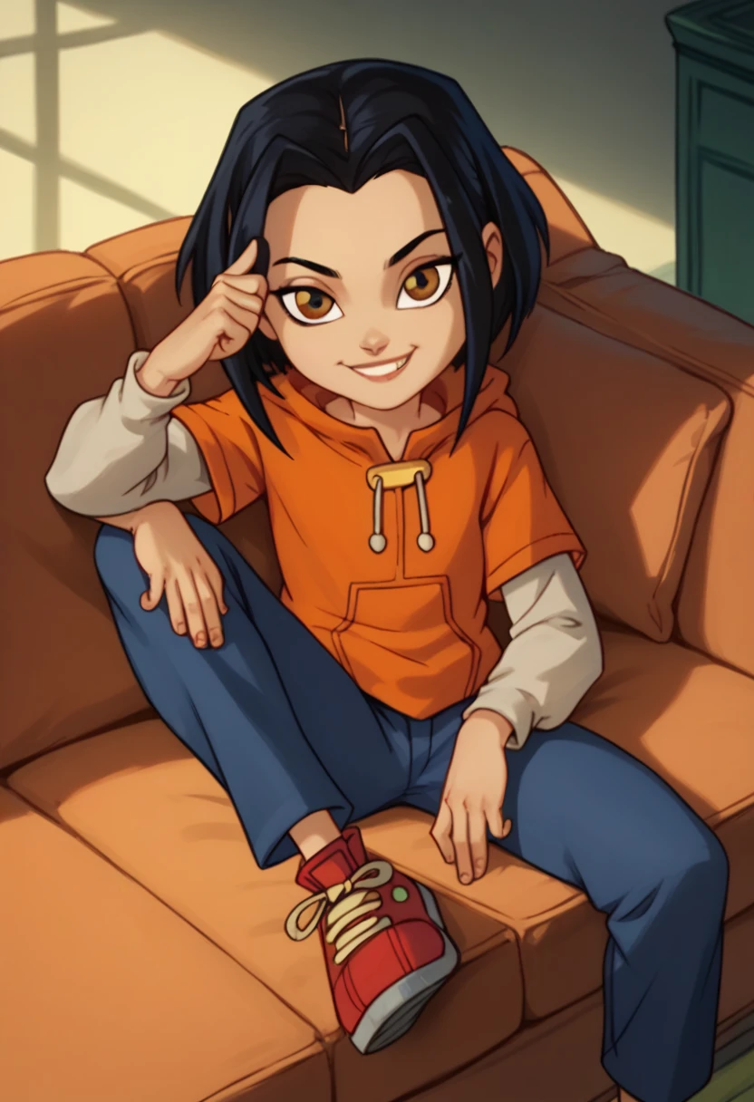 jadechan, 1girl, flat chest , black hair, brown eyes, solo, short hair, long sleeves, orange hoodie, hood, smile, pants, looking at viewer, sitting on sofa,