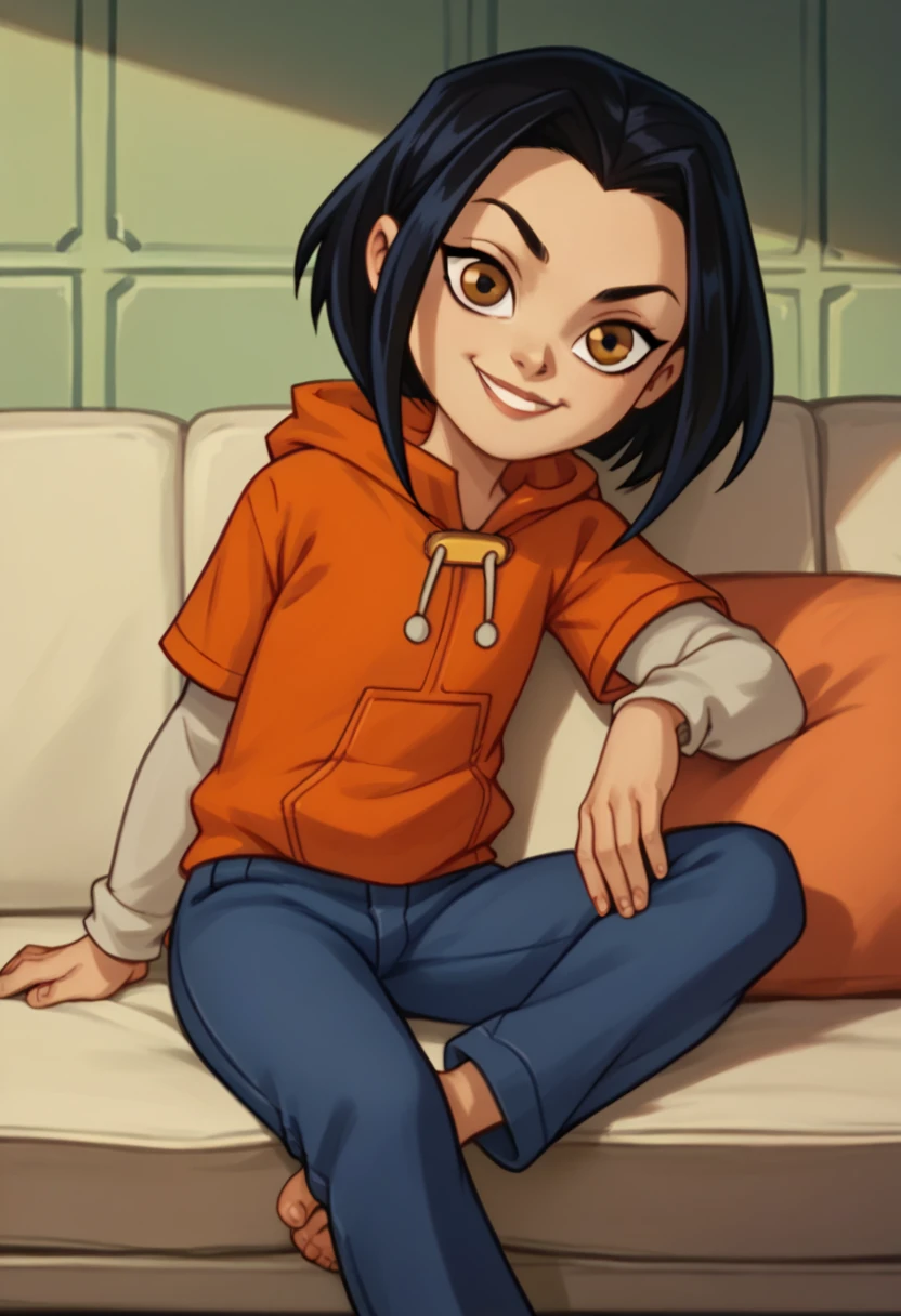 jadechan, 1girl, flat chest , black hair, brown eyes, solo, short hair, long sleeves, orange hoodie, hood, smile, pants, looking at viewer, sitting on sofa,