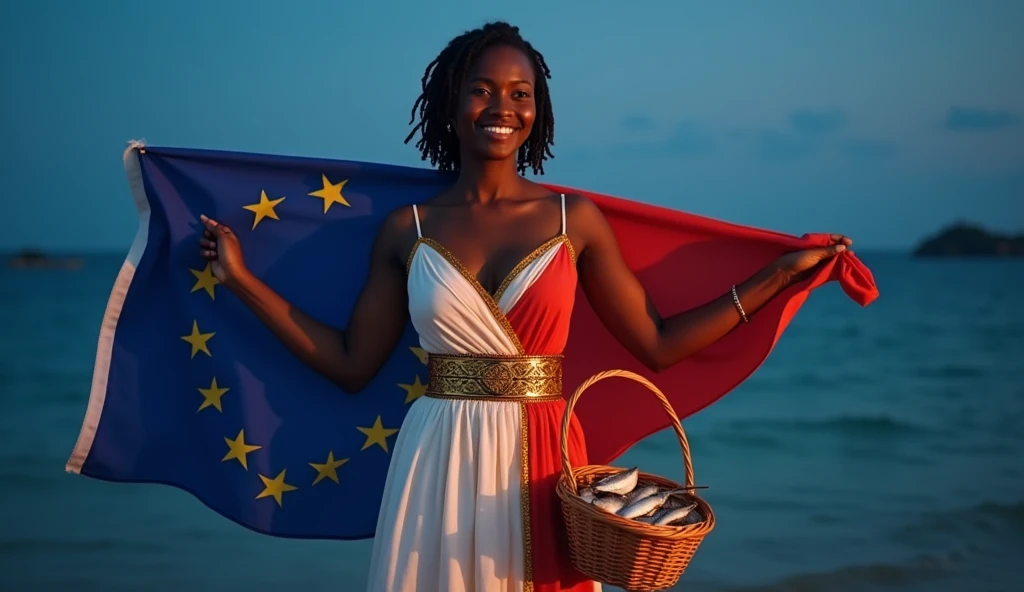 A woman with brown skin, dressed in the colors of the Cape Verde flag, symbolizing peace, unity, determination, and spirit. She is wearing a golden belt with discreet tribal elements in reference to Cape Verdean culture. She is holding the Cape Verde flag, smiling, and holding a basket of fresh fish. She is set against a background of the sea and the islands of Cape Verde at night. Appearance: Colors: Deep blue, white, and red. Ten golden stars represent the 10 main islands of Cape Verde. She has the same style of clothing, short hair, and practical footwear in all views. She has strong afro hair falling in dreadlocks but braided. Views: Full body view, full plan, front view, rear view, character design, multiple views and poses, various points of view, of a character, full body, character with less, style of clothing, in the same hair style, less type of footwear.
