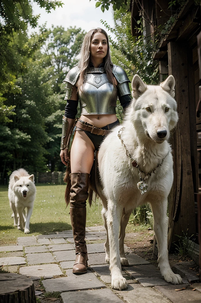 A female druid with a white wolf companion. Equipped with leather armor, scimitar, round wooden shield. Raei follower