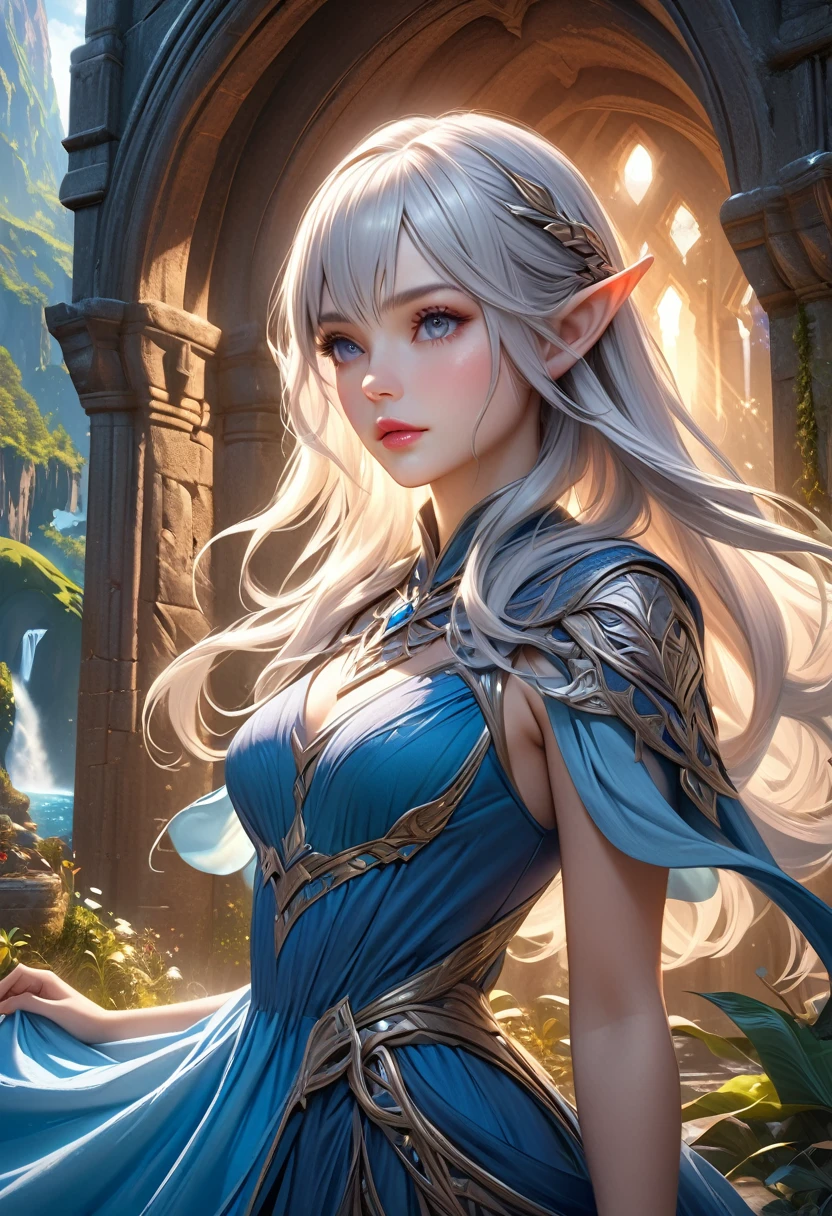 a female elf wizard with silver hair and grey eyes, beautiful detailed eyes, beautiful detailed lips, extremely detailed face, longeyelashes, intricate detailed dress, magical atmosphere, fantasy landscape, (best quality,4k,8k,highres,masterpiece:1.2),ultra-detailed,(realistic,photorealistic,photo-realistic:1.37),stunning lighting, dramatic lighting, vivid colors, fantasy art style