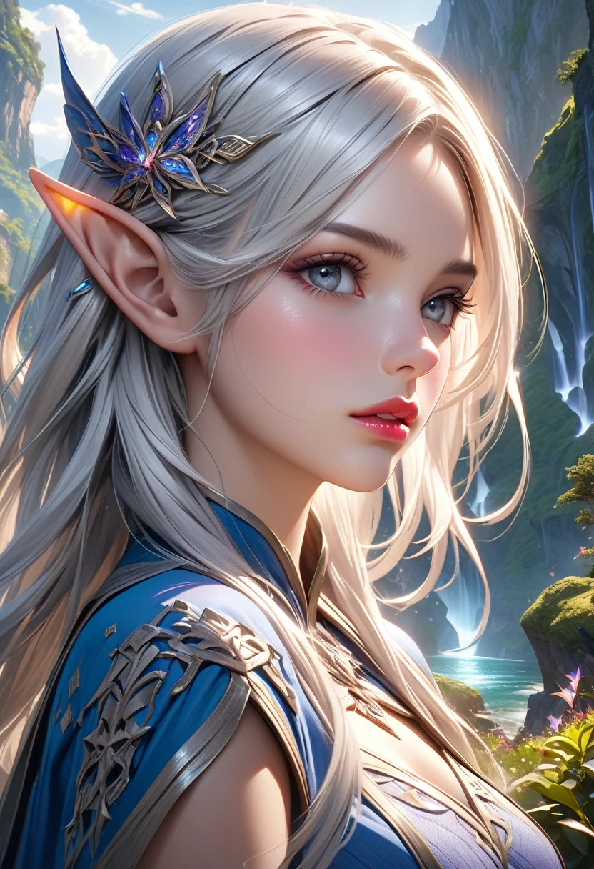 a female elf wizard with silver hair and grey eyes, beautiful detailed eyes, beautiful detailed lips, extremely detailed face, longeyelashes, intricate detailed dress, magical atmosphere, fantasy landscape, (best quality,4k,8k,highres,masterpiece:1.2),ultra-detailed,(realistic,photorealistic,photo-realistic:1.37),stunning lighting, dramatic lighting, vivid colors, fantasy art style