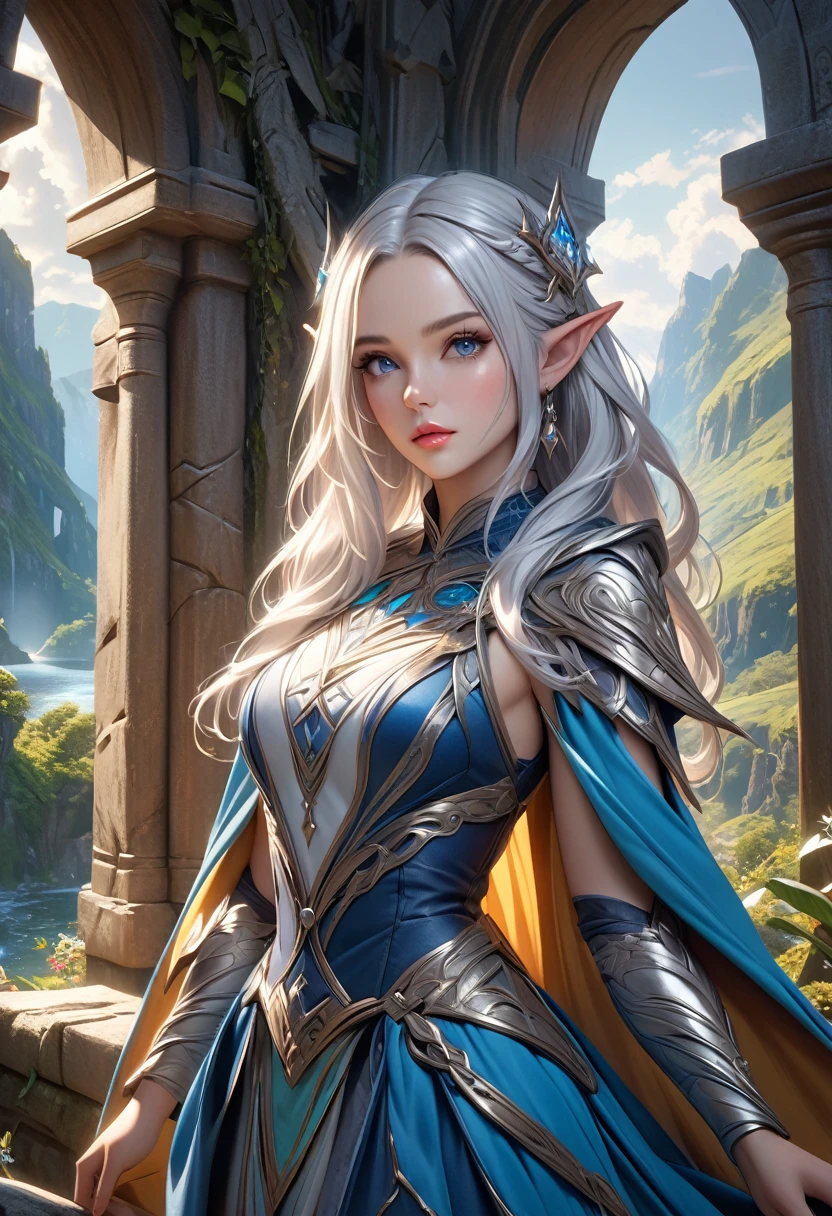 a female elf wizard with silver hair and grey eyes, beautiful detailed eyes, beautiful detailed lips, extremely detailed face, longeyelashes, intricate detailed dress, magical atmosphere, fantasy landscape, (best quality,4k,8k,highres,masterpiece:1.2),ultra-detailed,(realistic,photorealistic,photo-realistic:1.37),stunning lighting, dramatic lighting, vivid colors, fantasy art style