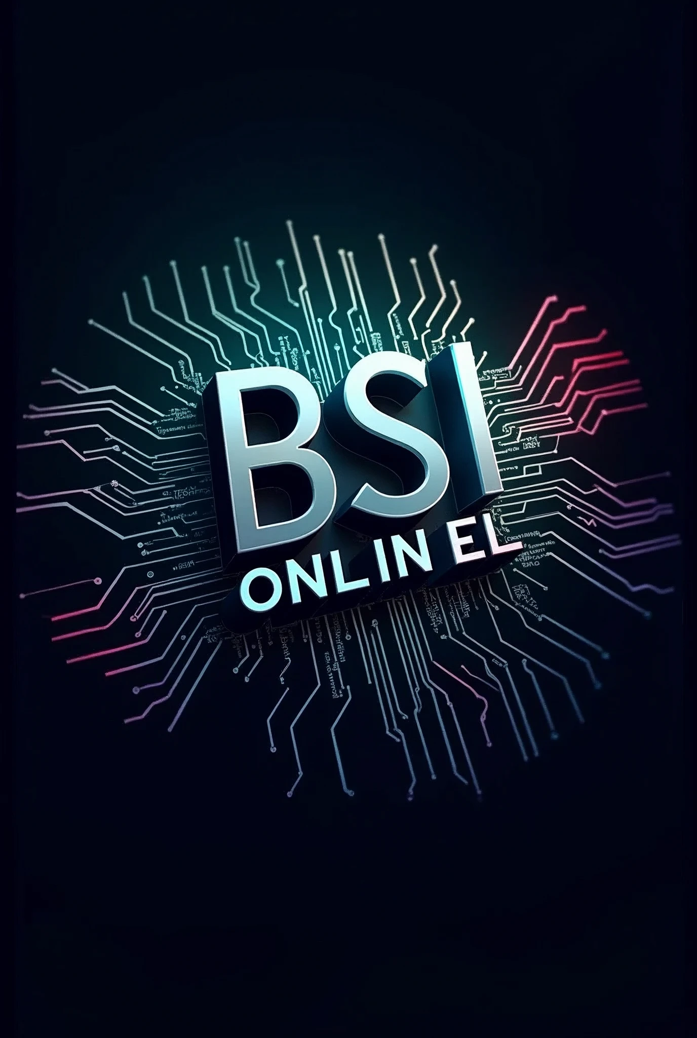 Generate a logo like the information technology theme with initials: BSI ONLINE. The color palette has to be blue, green and red, with 3d effect. Place computer circuits connecting the letters.