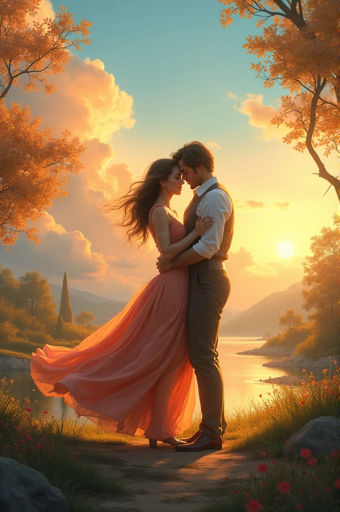 Couple are dancing and the atmosphere is romantic nature is saffron sky blue colour 