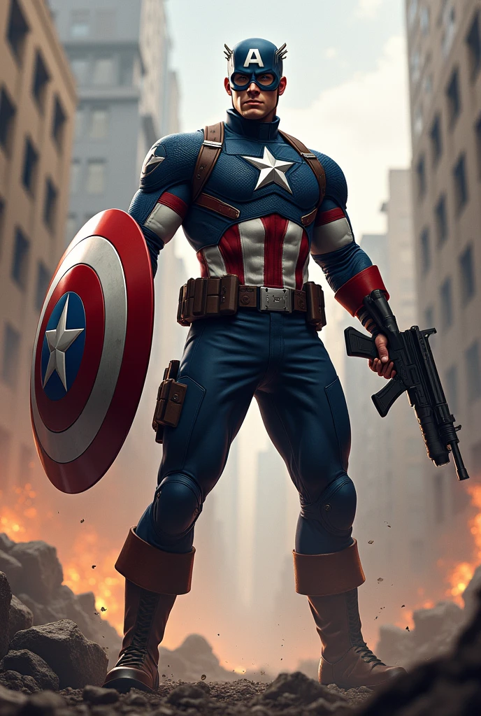 Captain America holding a big  gun 