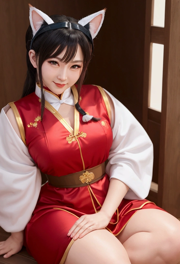 Chun-Li&#39;s face, cat ears, red Chinese clothing, sitting and smiling, anime style  