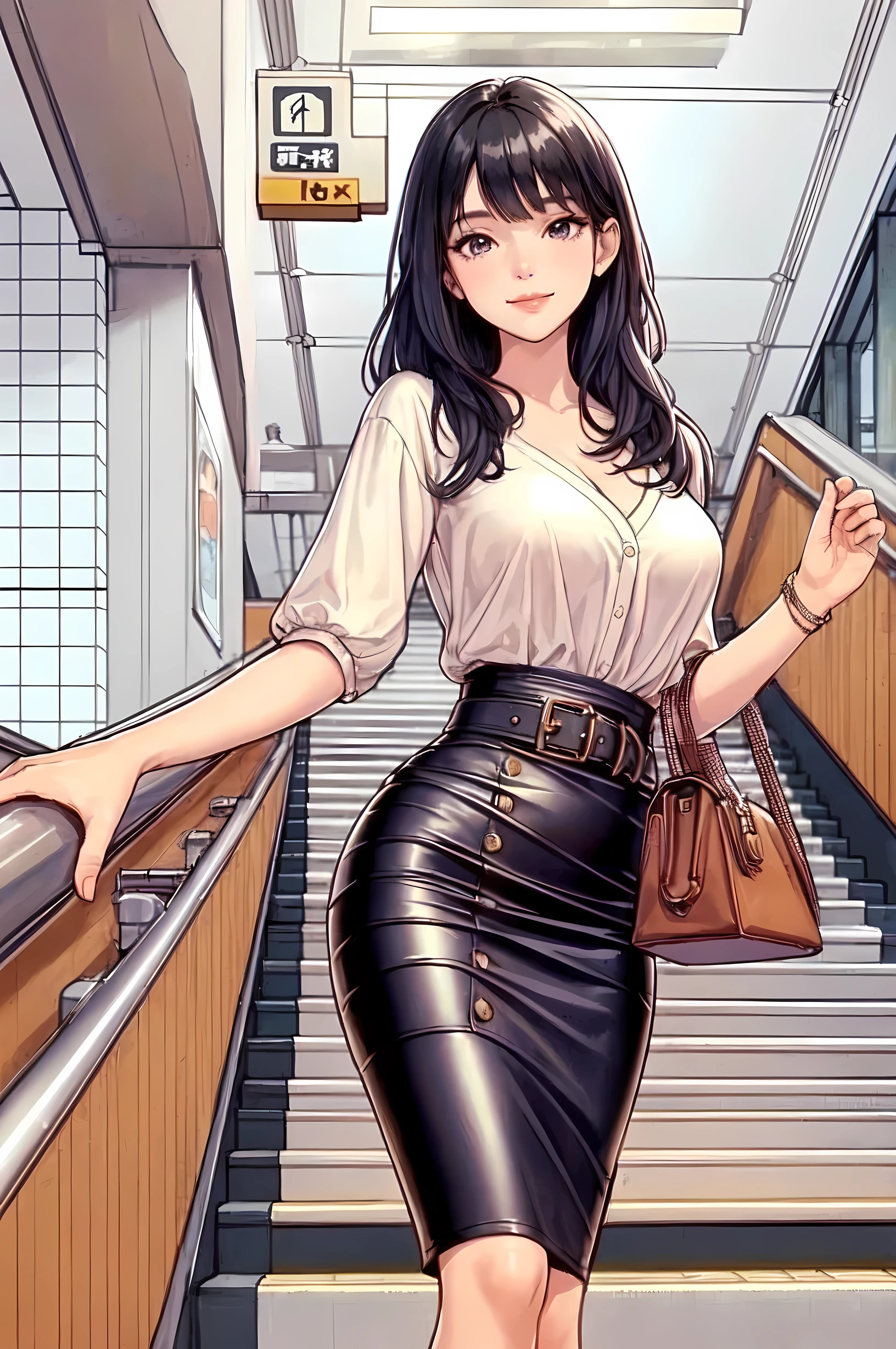 1lady solo, (from below) (going down stairs), stylish outfit (leather tight skirt), (mature female:0.6), /(black hair/) bangs, kind smile, (masterpiece best quality:1.2) delicate illustration ultra-detailed, large breasts, holding designer's bag BREAK (subway station) indoors, stairs, detailed background