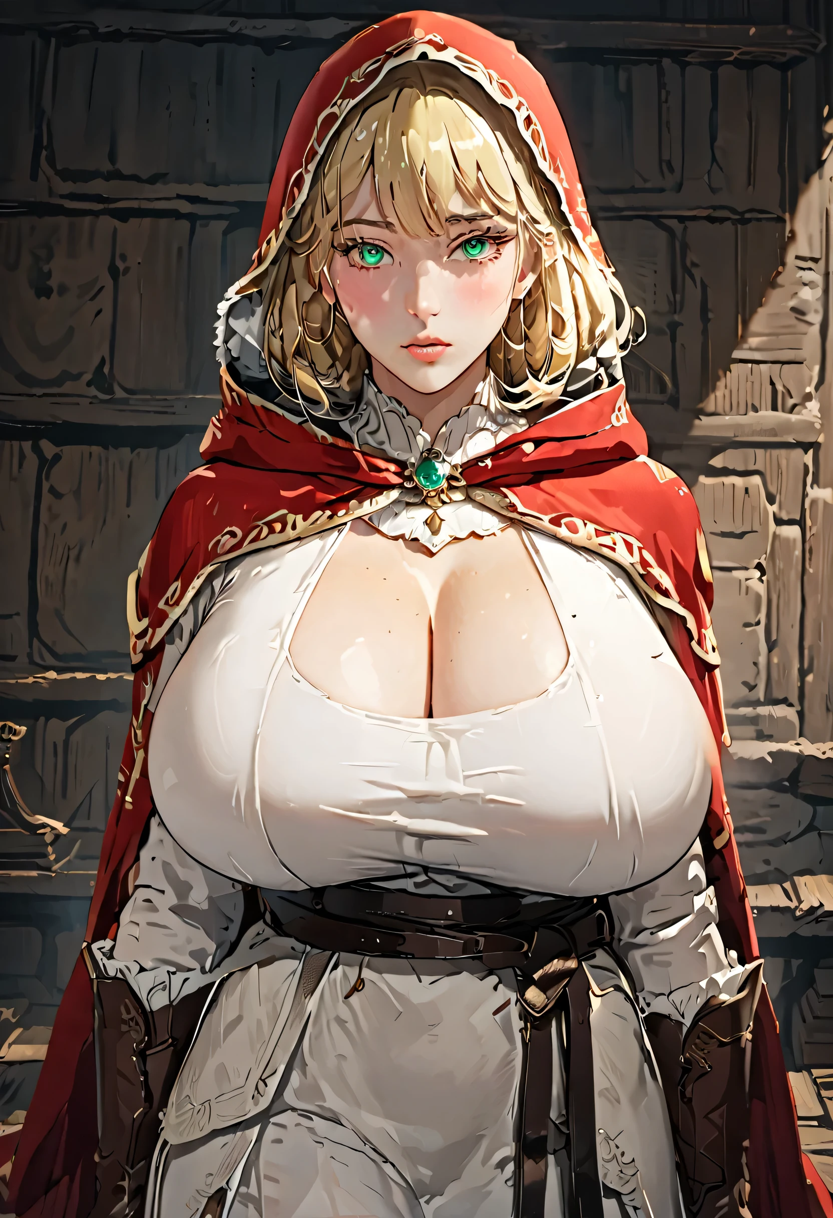8K,Top-quality,Celluloid,Masterpiece,Amazing quality,Best quality,Very aesthetic,Absurdres,Ultra detailed,High resolution,Super fine illustration,Detailed lighting,Detailed clothing,Detailed background,Denoise,Flwdrss,Cinematic,Dynamic angle,Full body,Anime screencap,Anime coloring,
Roderika,Elden ring,1girl, solo,
Gigantic breasts,Huge breasts,Large breasts,Sagging breasts,Hanging breasts,The softest breasts,The longest breasts,The heaviest breasts,Breast squeeze,
The most beautiful blonde hair in the world,Medium hair,Hair between eyes,Bangs,
Green eyes,Eyes are glowing,Beautiful eyes,Eyelashes,
Put on a hood,Red hooded cloak,White clothes,Dress,Brown gloves,Brown footwear,Brooch,
White skinBbeautiful skin,Shiny skin,
The ultimate beautiful girl at 20years old,Ultimate beautiful girl,Ultimate beautiful face,Proportioned face,Lips,Parted lips,Looking at viewer,Blush,Expressionless