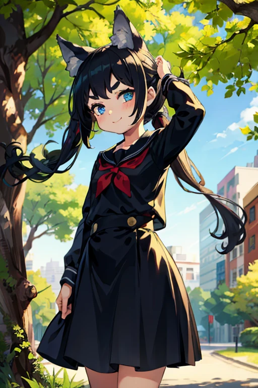 Young girl with black hair, long twintail, twintail hairstyle, (blue eyes), ((small bushy eyebrows)), (wolf ears up), wearing gothic ta, loliclothes, going to school, dull eyes, dull face, going to school, flirtatious smile, small and perky breasts, in a park, wide hips,