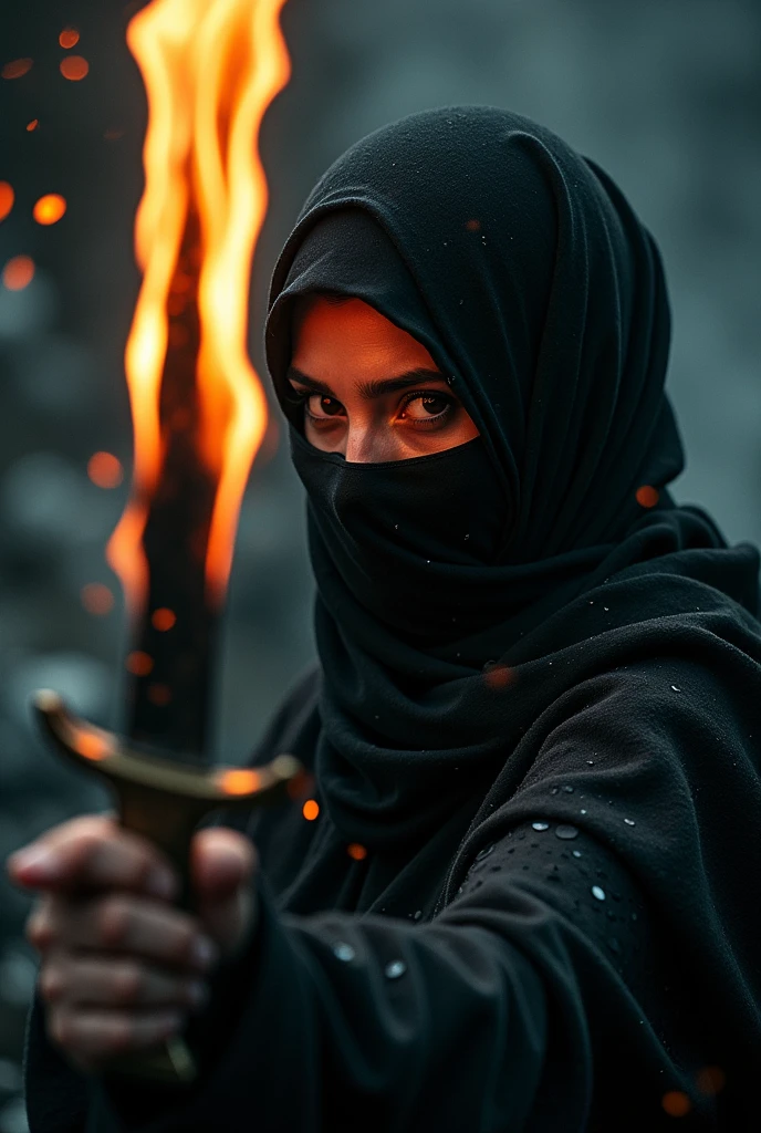 A hijab-clad beauty wielding a sinister black sword engulfed in flames, her eyes reflecting flickering embers. Cinematic lighting casts dramatic shadows, accentuating her enigmatic presence. Swirling dark liquid surrounds her feet, creating an ominous atmosphere. The scene exudes a moody color palette, blending warm firelight with cool shadows. Photographic elements enhance depth and texture, while artistic flair elevates the composition to a striking movie poster aesthetic.