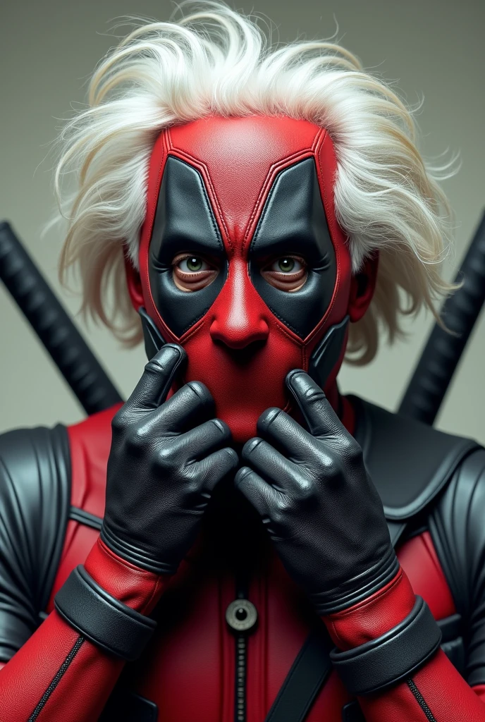 image of the character deadpool removing the mask but with albert einstein's face underneath the mask