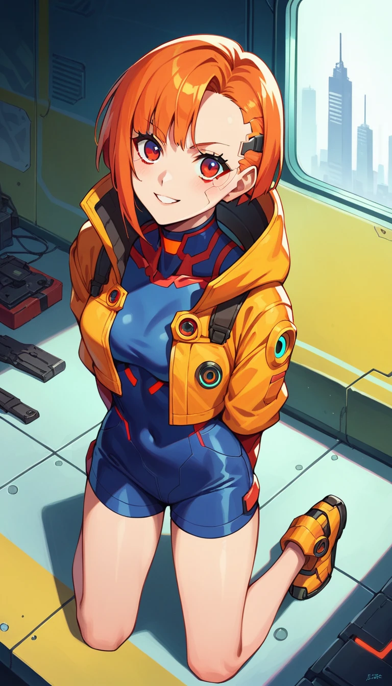 One anime cybergirl, orange hair, red eyes, detailed cybernetic body, full body, cyberpunk world, anime style