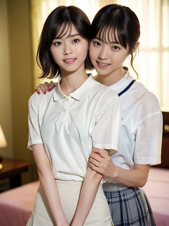 (Masterpiece, Best quality:1.3), (Ultra realistic, Photo-realistic:1.2), Natural light, 28 years old actress, Japanese 2 women, Neat and clean, (White tennis uniform, White short-sleeve polo shirt with darknavy line collar:1.1), (unbutton:1.3), (White pleated skirt:1.1), white sock, (short wavy hair:1.3), ponytail, (Beautiful face), Oval face, clear, Beautiful eyes, Kind eyes, Clear skin, Small face, Beautiful mouth, Small mouth, Natural makeup, Approachable, (nsfw:1.1), Seductive smile, (Seductive pose:1.2), (Beautiful thighs:1.1), (Bedroom eyes:1.1), Embarrassed, Blush, Luxury hotel Suite room, On bed, Hidden camera installed in suite room captures obscene reality of girls high school, (lesbian couple , petting together:1.1), grabbing crotch, 2girls erotic kiss,
