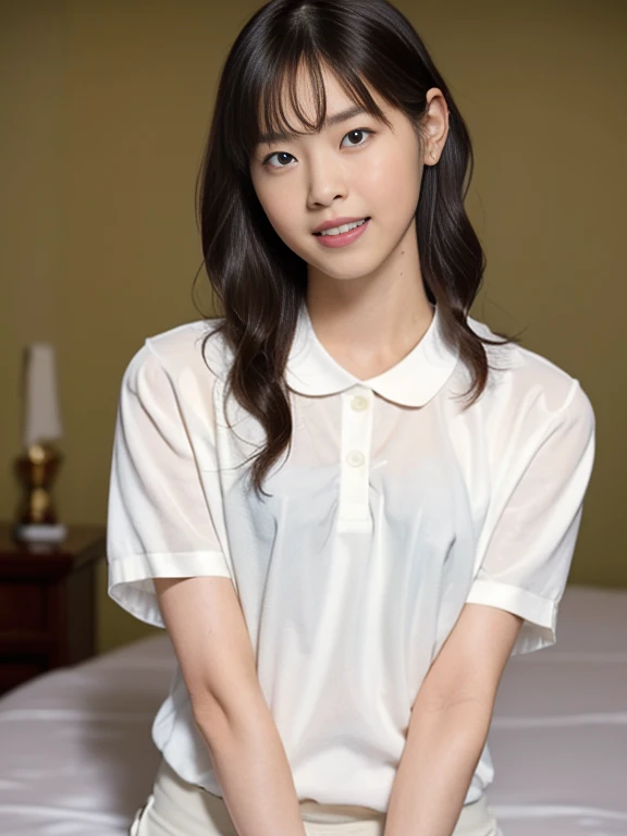 (Masterpiece, Best quality:1.3), (Ultra realistic, Photo-realistic:1.2), Natural light, 28 years old actress, Japanese 2 women, Neat and clean, (White tennis uniform, White short-sleeve polo shirt with darknavy line collar:1.1), (unbutton:1.3), (White pleated skirt:1.1), white sock, (short wavy hair:1.3), ponytail, (Beautiful face), Oval face, clear, Beautiful eyes, Kind eyes, Clear skin, Small face, Beautiful mouth, Small mouth, Natural makeup, Approachable, (nsfw:1.1), Seductive smile, (Seductive pose:1.2), (Beautiful thighs:1.1), (Bedroom eyes:1.1), Embarrassed, Blush, Luxury hotel Suite room, On bed, Hidden camera installed in suite room captures obscene reality of girls high school, (lesbian couple , petting together:1.1), grabbing crotch, 2girls erotic kiss,