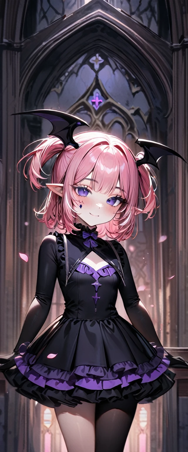 UHD, masterpiece, best quality, extremely detailed, anatomically correct, sharp focus, Midnight, gloomy atmosphere, Church, altar isle, 1girl, solo, camilavtuber, pink hair, short hair, shoulder length hair, (black head wings), (twin ponytail), PURPLE EYES, PURPLEIRIS, (facial mark), smiling, black arm sleeves, slim arms, black gloves, small chest, 1 devil wing, single wing, ((long black gown)), frilly gown, slim legs, black stockings, (black high heels), (full body) , (close-up), innocent pose, eye-level shot, front view, innocent pose, scattered pink petals