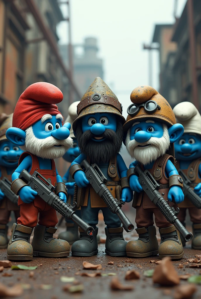 A group of smurfs with helmets and guns from the video game rust with papa smurf with his red hat and grandpa smurf with a white beard together with an african american man with a black beard