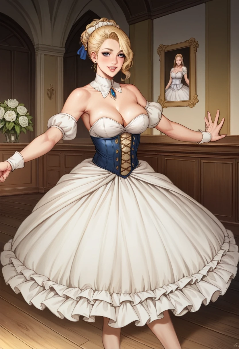 masterpiece,best quality,ultra detailed,highres,high-resolution,4K,realistic,RAW photo,((real person))、Reincarnation in Another World、The medieval worldview、noble、Dance、daughter、悪役daughter、Blonde、Blue Eye、Vertically wound roll、Inside the palace、Cleavage、Beautiful décolleté、Gorgeous dress、corset、race、Great Hall、(petticoat)、Ballroom dancing 、Marie Antoinette style