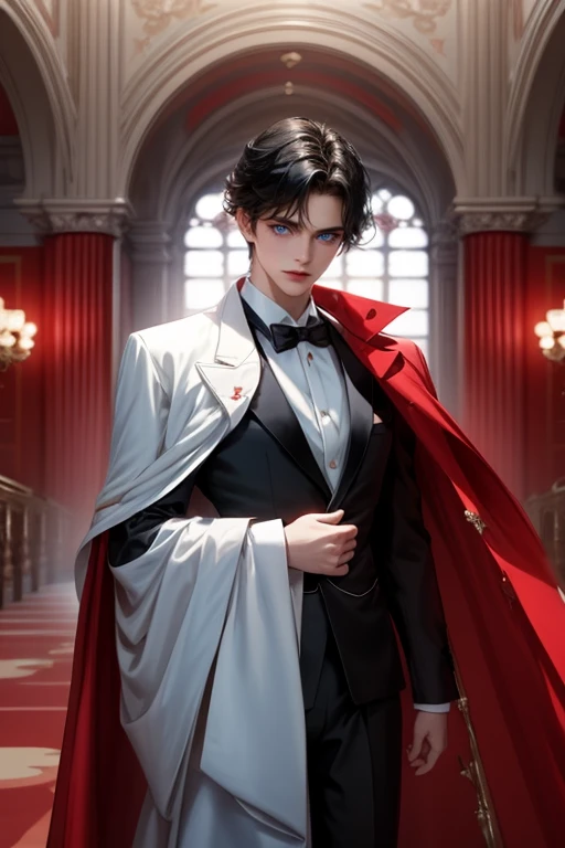 masterpiece, 最high quality, high quality, 1 boy, alone, Male focus, Watching the audience, Messy black hair, Adorable big blue eyes, White, Noble, Noble,A sexy, voluminous, puffy cape、tuxedo、A very voluminous, large, very large, very large, long, long red and black cape with a high stand-up collar, made of a lot of fabric that reaches down to the floor., ,Cute beautiful boys,Cute, cute, kind, handsome guy