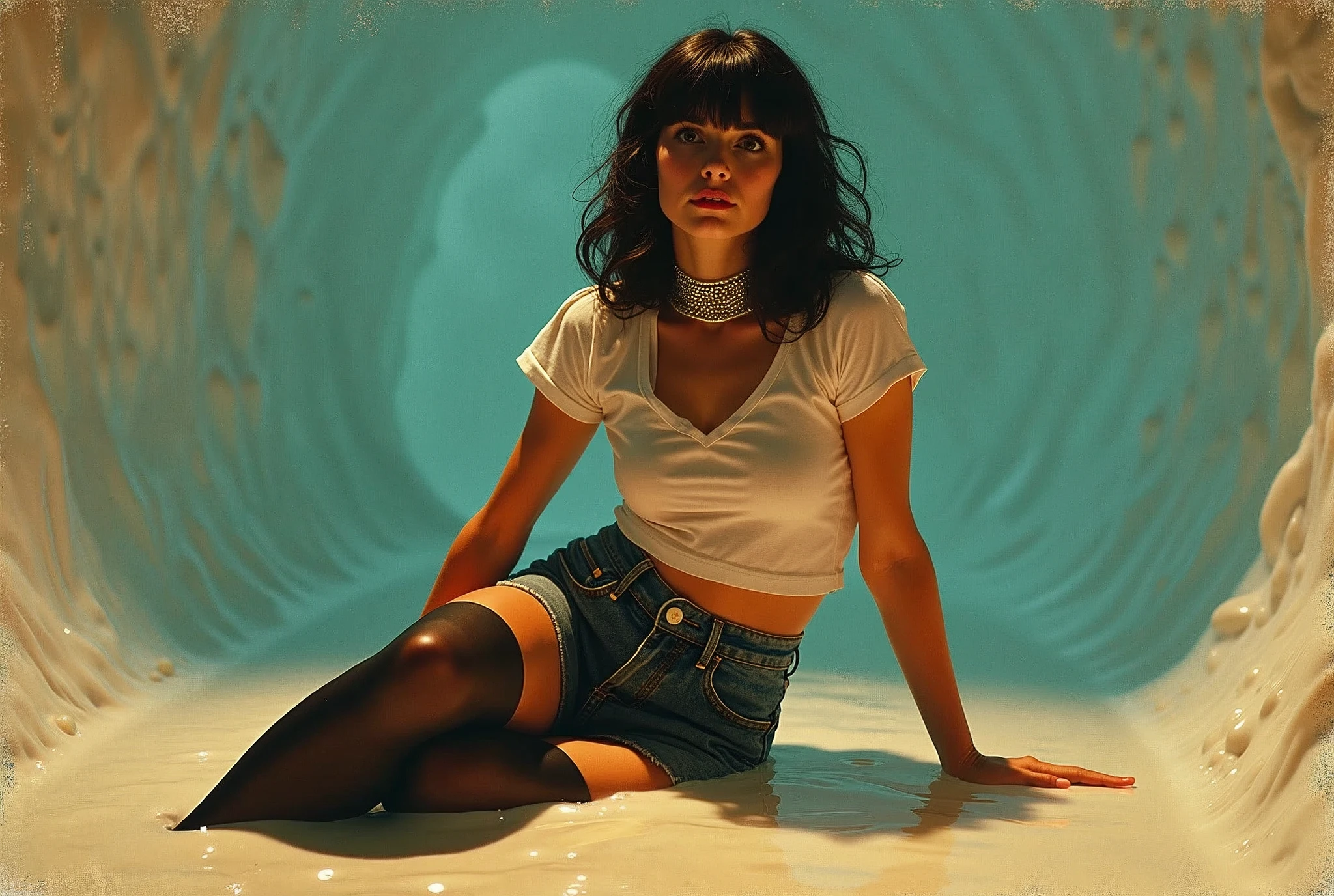 70s setting, grainy analog film, abstract art, stylish legend, artwork, conceptual art, soaking wet clothes, drama, indulges in fetish, rubber black stockings, vintage jeans cut-offs, t-shirt, slave collar, stuck in slime, orange blue, black, void