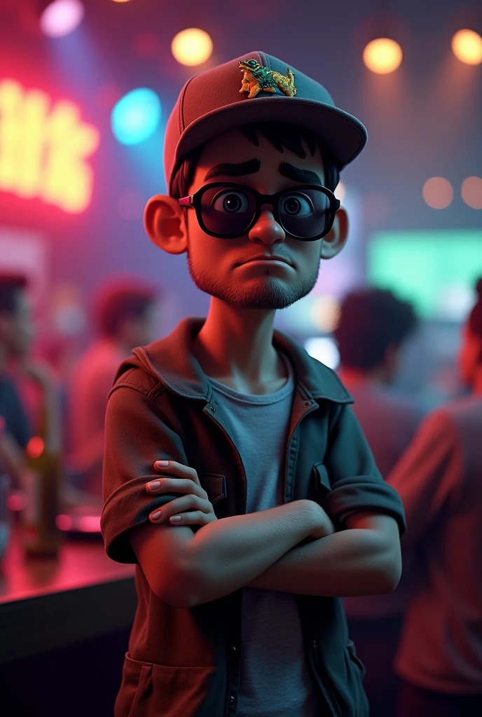 Make a boy men and the expression of the face is grumpy inside the bar disco and have shades and cap of dinasour and the background have kumu hunter entertainment make it 3d the size of picture is 500x500