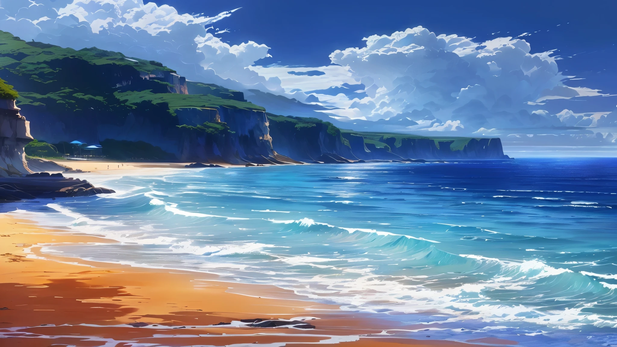 painting of a beach with a cliff and a body of water, beautiful anime scenery, anime scenery, beautiful wallpaper, anime landscape wallpaper, scenery artwork, beautiful sea landscapes, scenery wallpaper, amazing wallpaper, anime beautiful peace scene, high quality desktop wallpaper, anime nature wallpap, wallpaper anime blue water, beautiful ocean, detailed scenery, anime landscape, beautiful anime scene