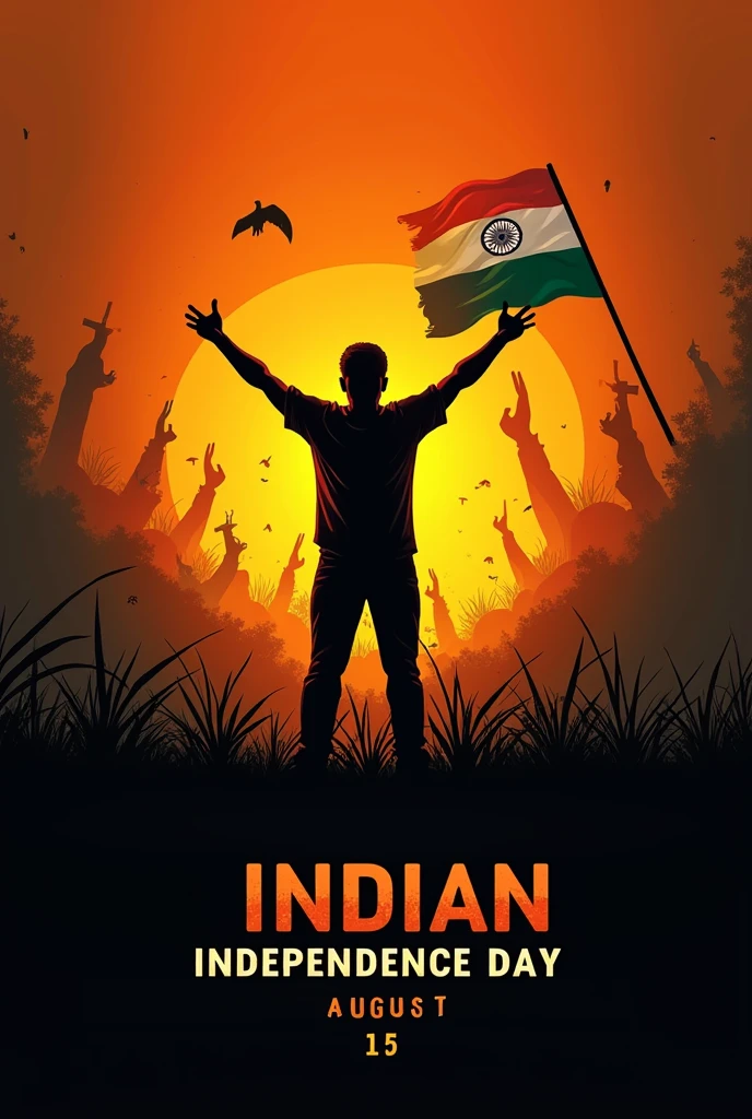 Create a poster for 15 august indian independence day wish on orange black background