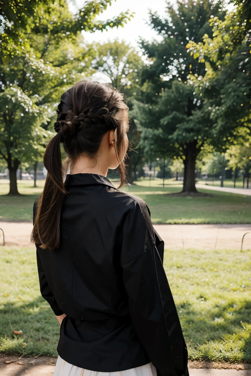 black blonde haired girl with cute hairstyle in a park from behind