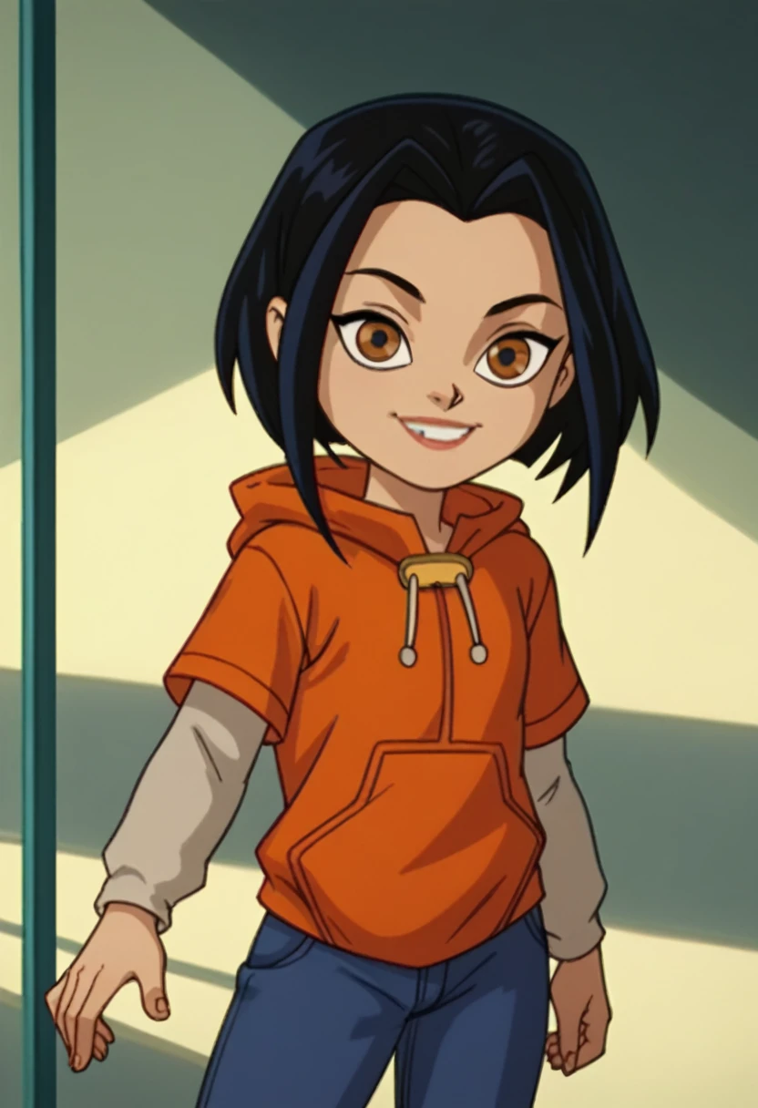 jadechan,Bikini swimwear,1girl, black hair, brown eyes, solo, short hair, long sleeves, orange hoodie, hood, smile, pants, looking at viewer, score_9, score_8_up, score_7_up, score_6_up, score_5_up, score_4_up, looking at viewer, cowboy shot,