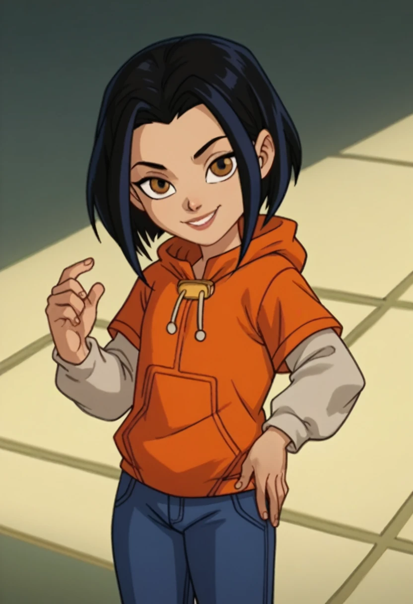 jadechan,Bikini swimwear，1girl, black hair, brown eyes, solo, short hair, long sleeves, orange hoodie, hood, smile, pants, looking at viewer, score_9, score_8_up, score_7_up, score_6_up, score_5_up, score_4_up, looking at viewer, cowboy shot,