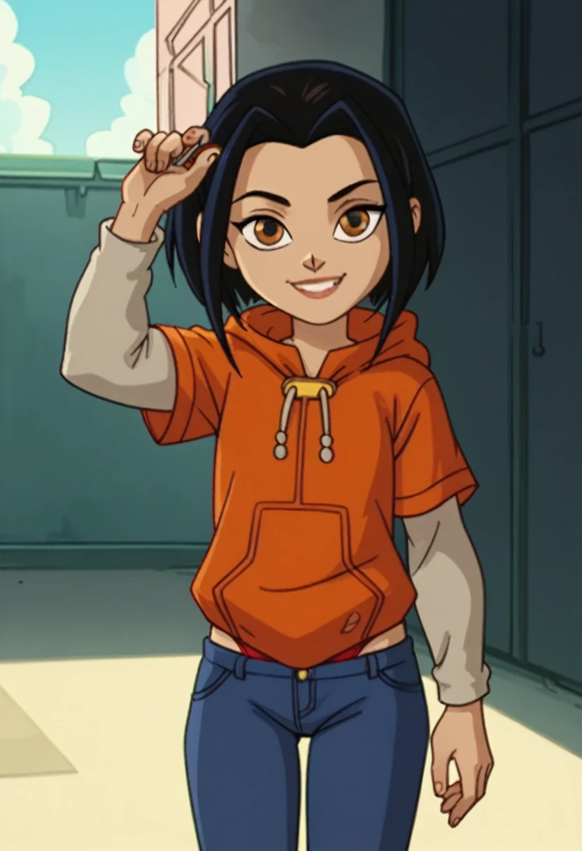 jadechan,Bikini swimwear，1girl, black hair, brown eyes, solo, short hair, long sleeves, orange hoodie, hood, smile, pants, looking at viewer, score_9, score_8_up, score_7_up, score_6_up, score_5_up, score_4_up, looking at viewer, cowboy shot,