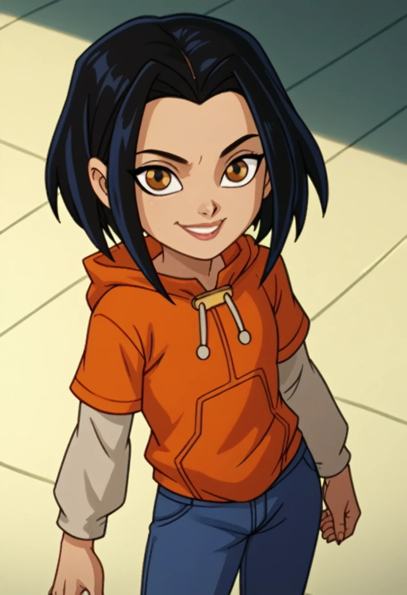 jadechan,Bikini swimwear，1girl, black hair, brown eyes, solo, short hair, long sleeves, orange hoodie, hood, smile, pants, looking at viewer, score_9, score_8_up, score_7_up, score_6_up, score_5_up, score_4_up, looking at viewer, cowboy shot,