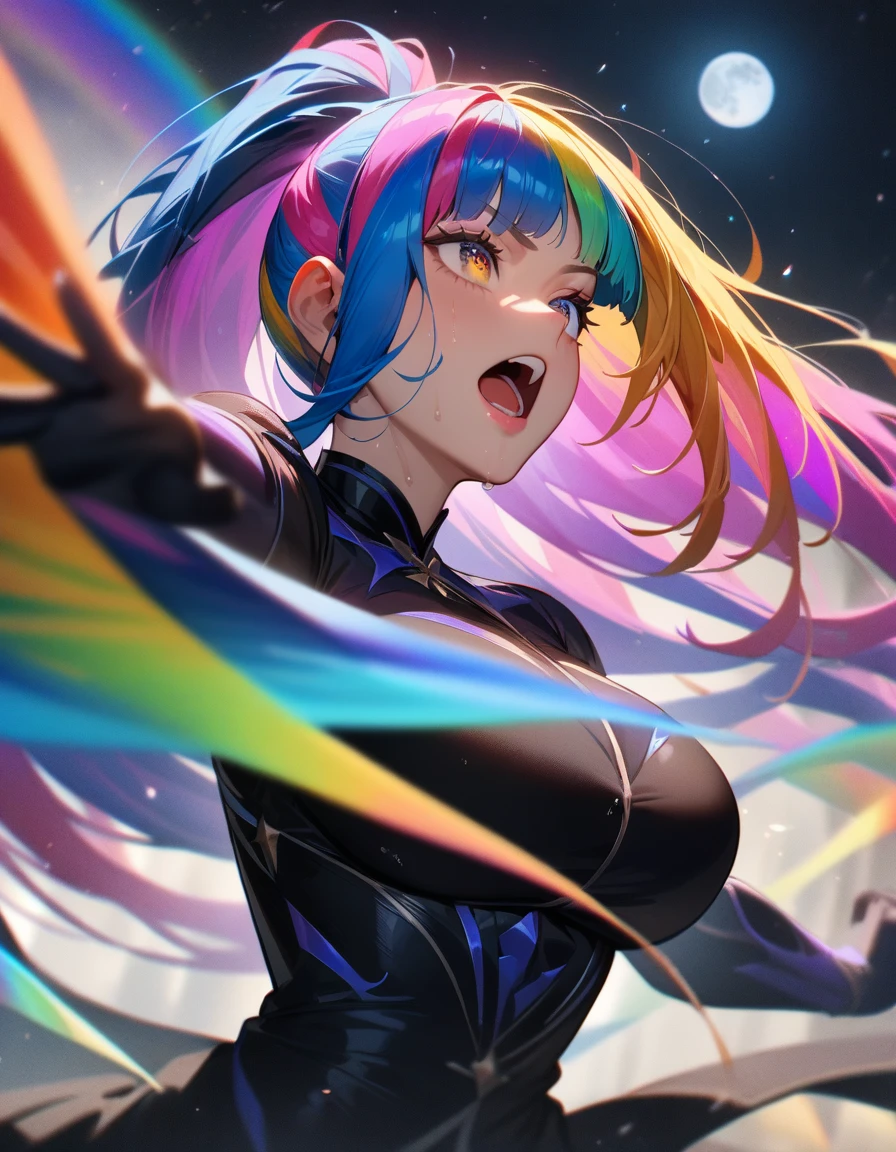 1girls,solo,super detailed skin,shiny skin,wet oily skin,natural face,detailed eyes,eyelashes,lips gloss,open mouth,(rainbow colored hair:1.3),straight hair,ponytail,hime cut,,large breasts,fighting stance,rainbow wind magic,wide shot,moon,masterpiece,best quality,ultra detailed,high resolution,sharp focus,depth of field