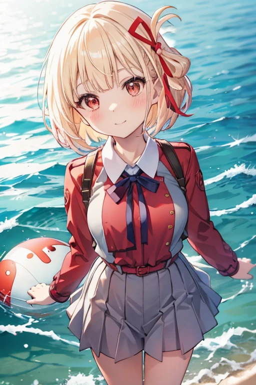 Chisato Nishikigi、Good looking girl (Short blonde hair with square bangs, Big Red Eyes, Red ribbon,blush, Perfect Face), independent , looking at the camera, masterpiece, Anime art style, Cute Characters, Most detailed, high quality、Nico Nico Smile、セクシーなビキニ👙を着ている、Playing in the sea